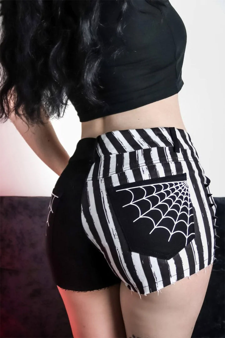 Spiderweb Black & White Striped Studded Stretch Denim Shorts