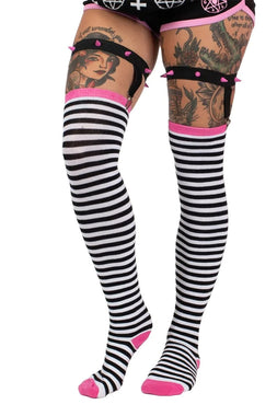 Distressed Punk Stripe Thigh High Garter Socks