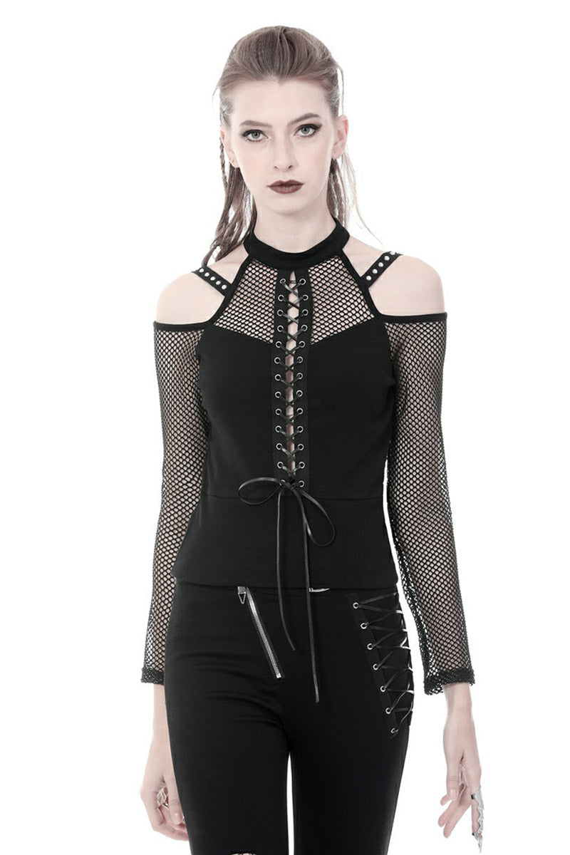 Black mesh top with long sleeves and zipper details on a white background