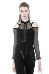 Black mesh top with long sleeves and zipper details on a white background