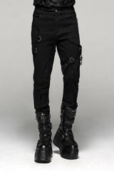 A pair of men's slim fit distressed pants with exposed stitching, leg harness, silver buckles, zippers, and metal chain hardware. The pants are black and displayed against a neutral background.