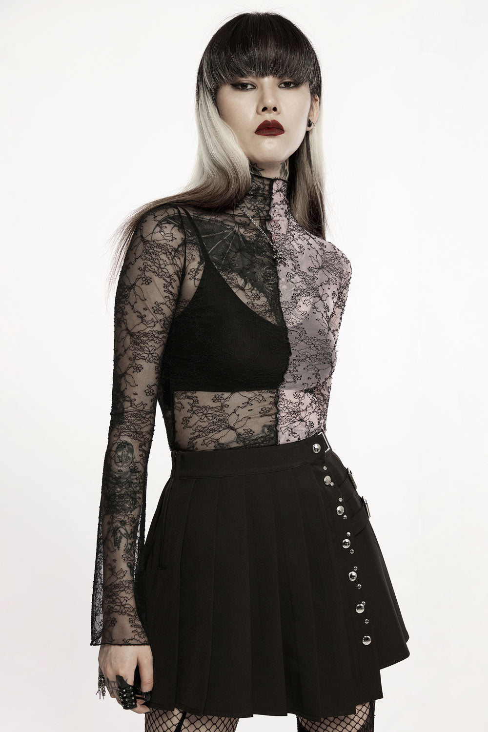 Pink Stitches Mismatched Mesh Top [BLACK/PINK]