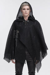 Person wearing a black hooded garment with intricate detailing on a white background