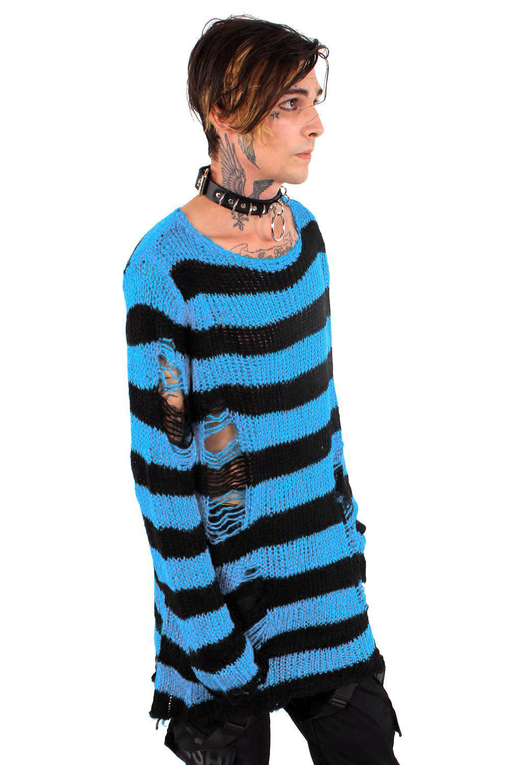 Pastel Blue/Black Striped Distressed Sweater
