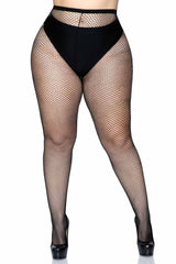 Plus size black fishnet stockings with an elastic waistband, modeled standing