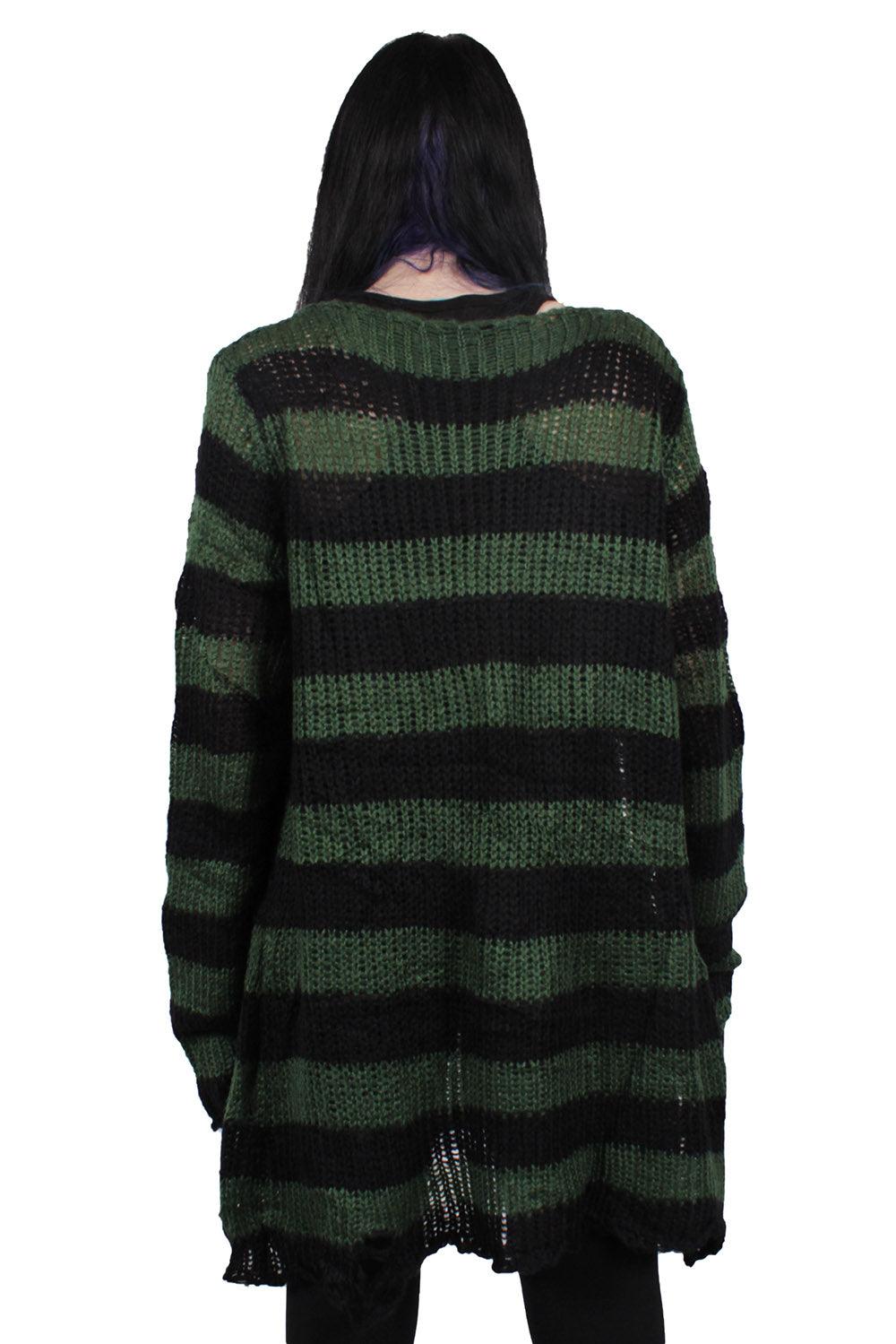 Catalyst Dark Forest Green/Black Striped Distressed Sweater - VampireFreaks