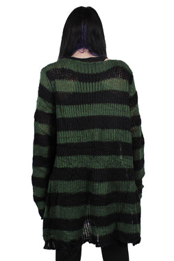 Dark Forest Green/Black Striped Distressed Sweater