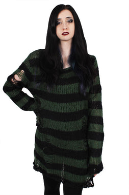 Dark Forest Green/Black Striped Distressed Sweater