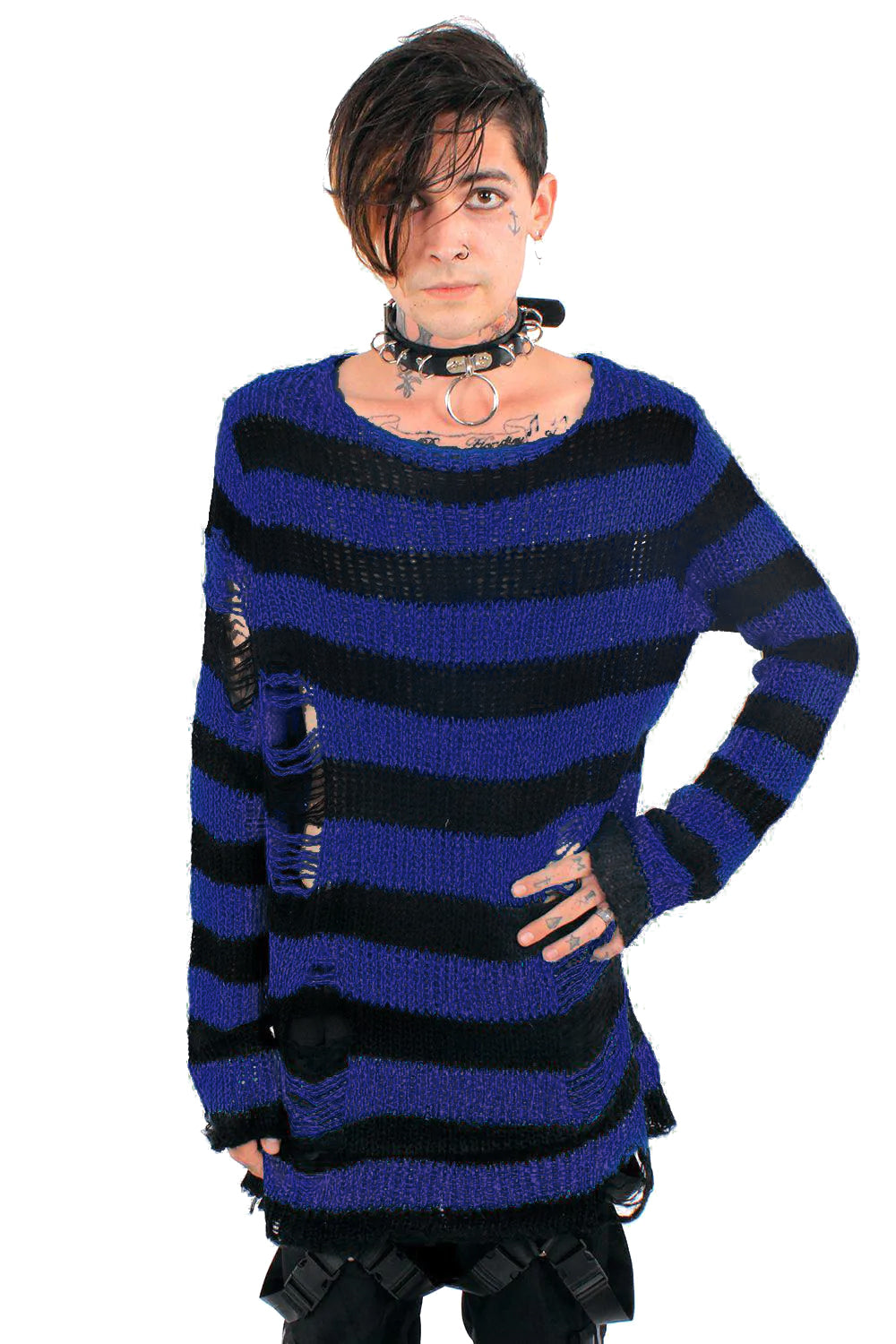 Midnight Blue/Black Striped Distressed Sweater