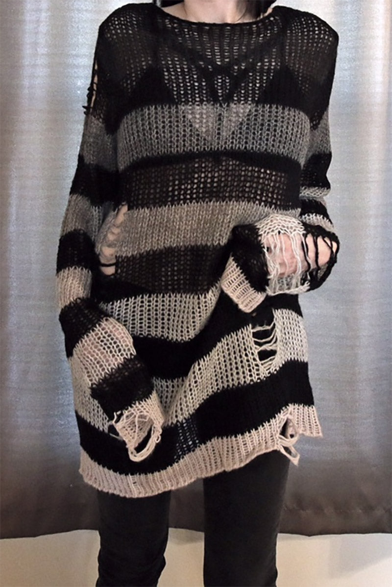 Gradient Gray Striped Distressed Sweater