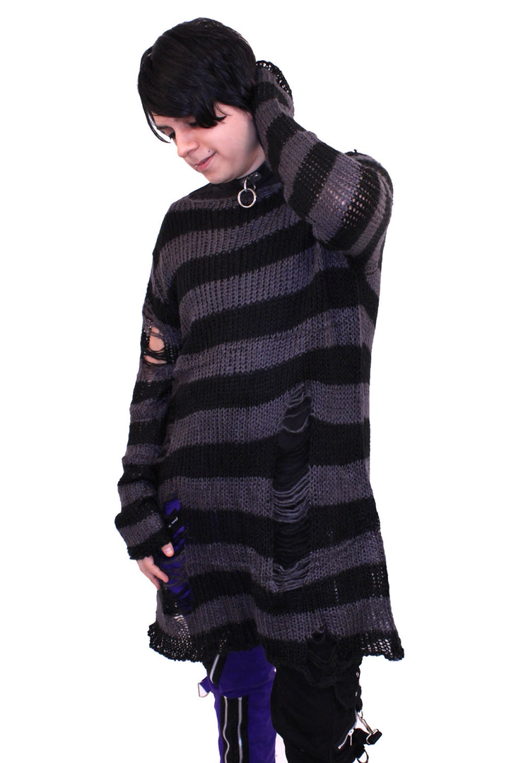 Grey/Black Striped Distressed Sweater