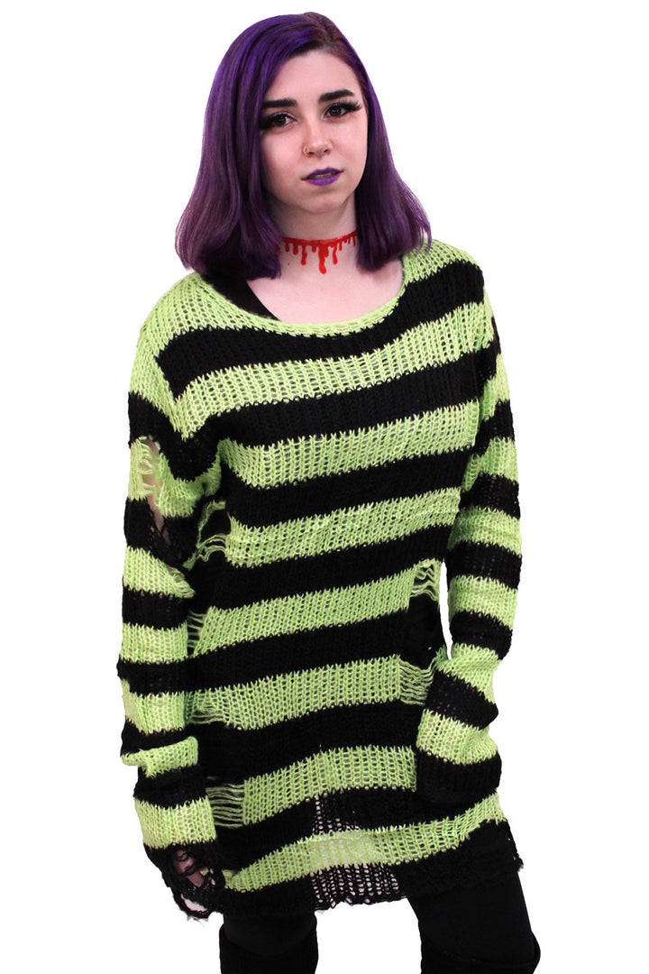 Neon Green/Black Striped Distressed Sweater