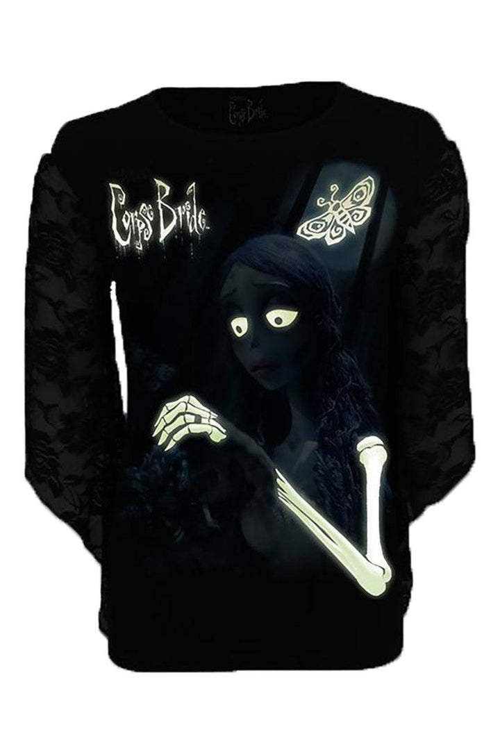 Spiral Corpse Bride Lace Sleeve Top [Glow in the Dark] - VampireFreaks