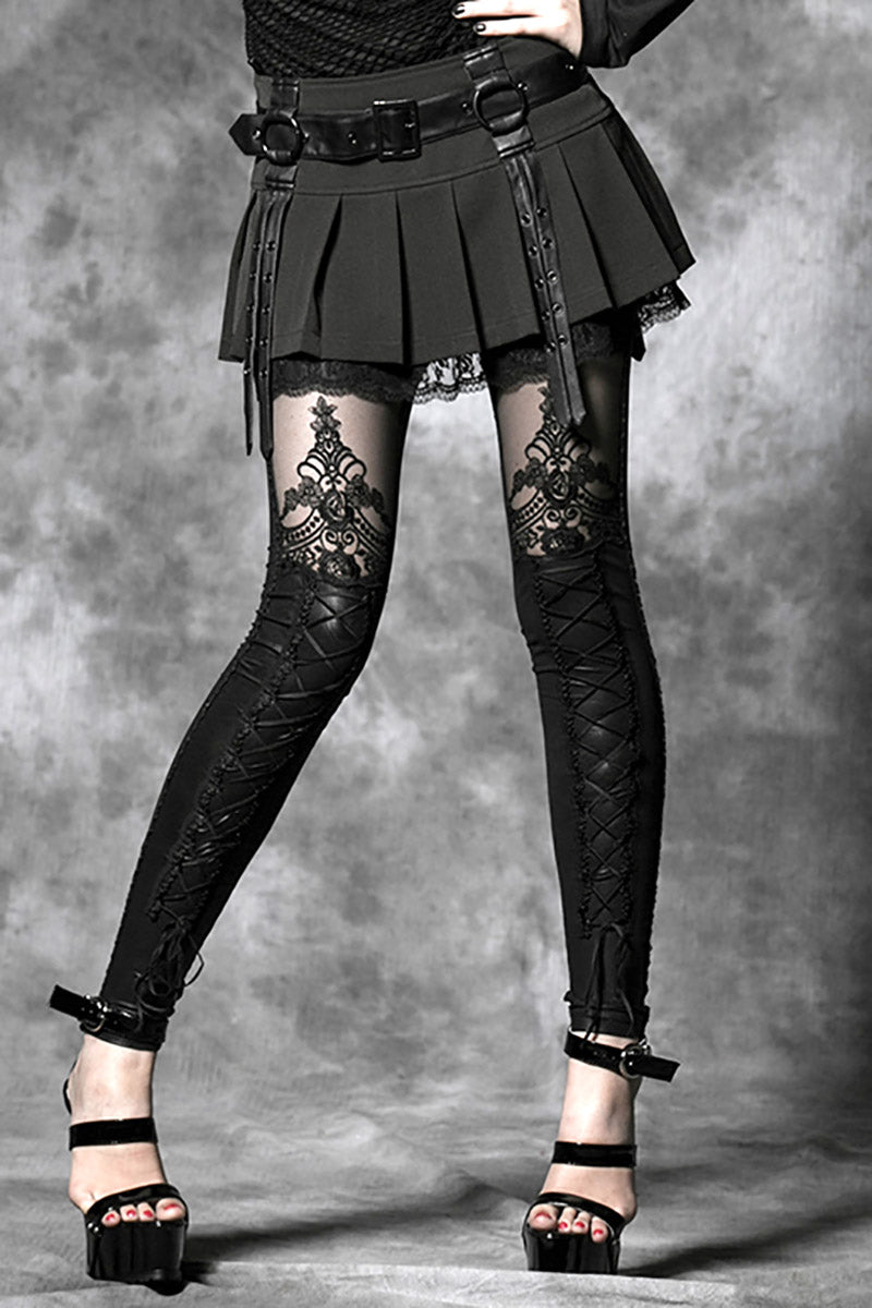 Women's Plus Size Gothic Black Faux Leather Leggings with Embroidered  Details