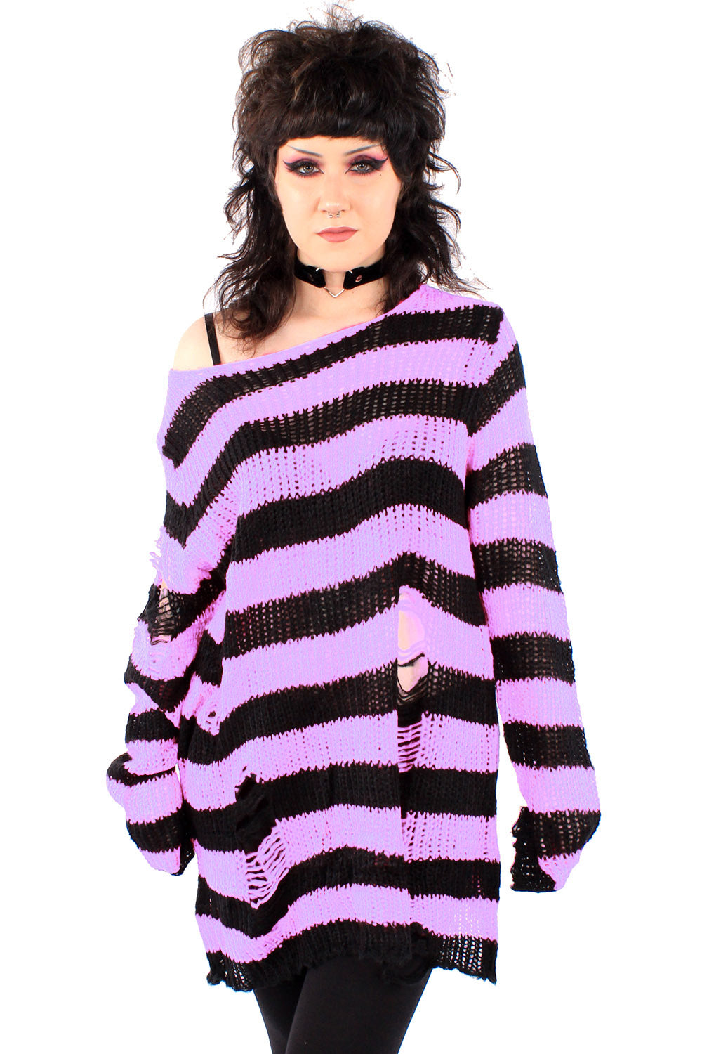 Lilac/Black Striped Distressed Sweater