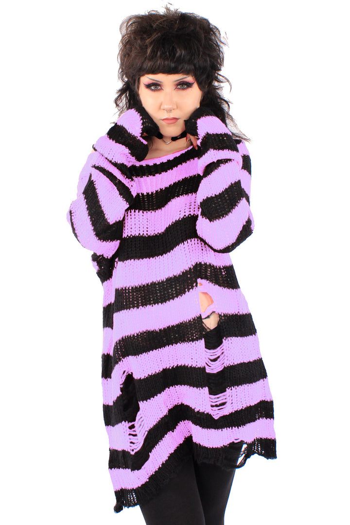 Lilac/Black Striped Distressed Sweater