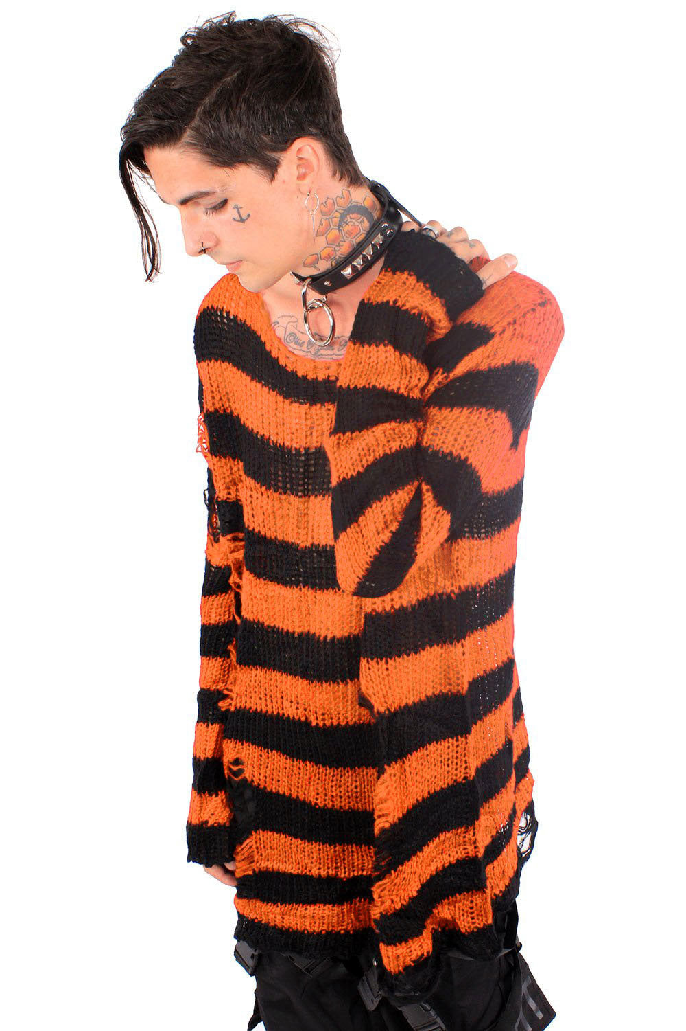 Pumpkin Orange/Black Striped Distressed Sweater