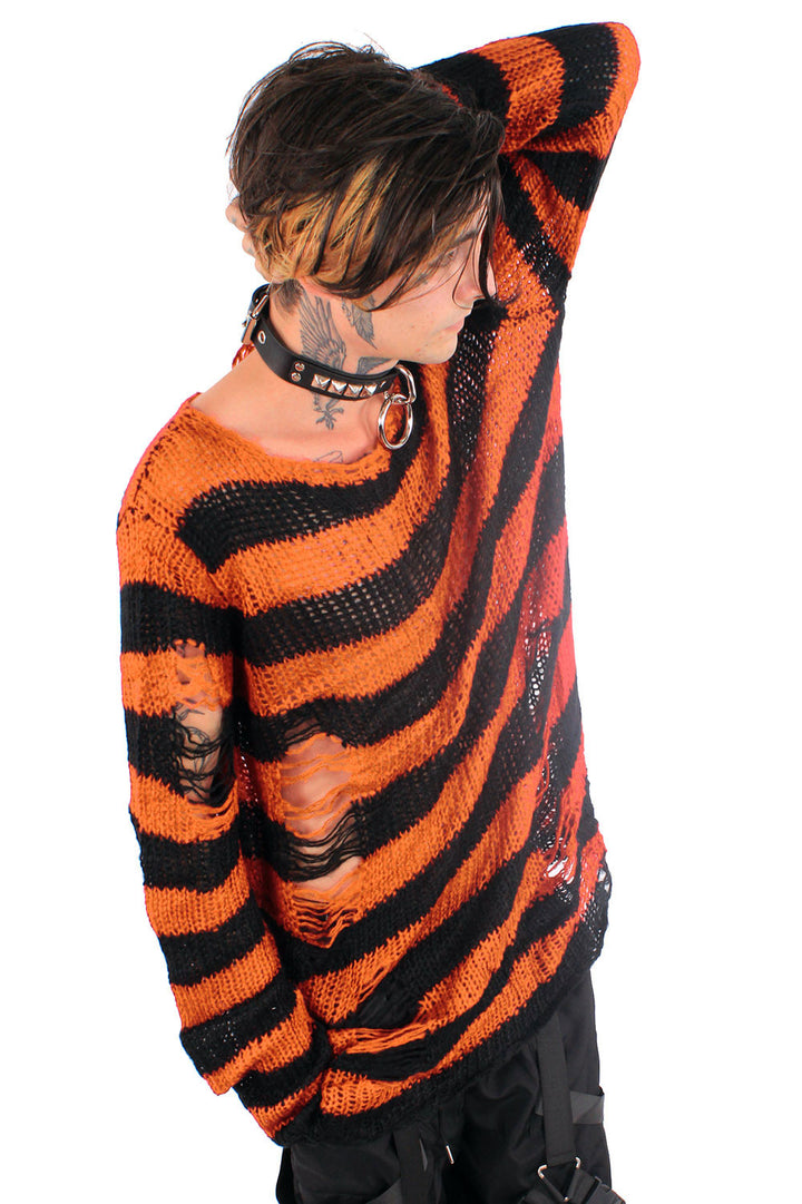 Pumpkin Orange/Black Striped Distressed Sweater
