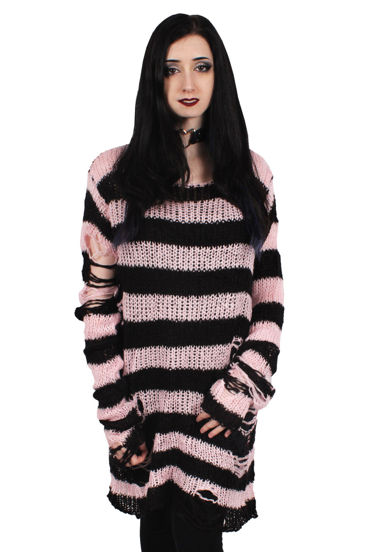 Pastel Pink/Black Striped Distressed Sweater