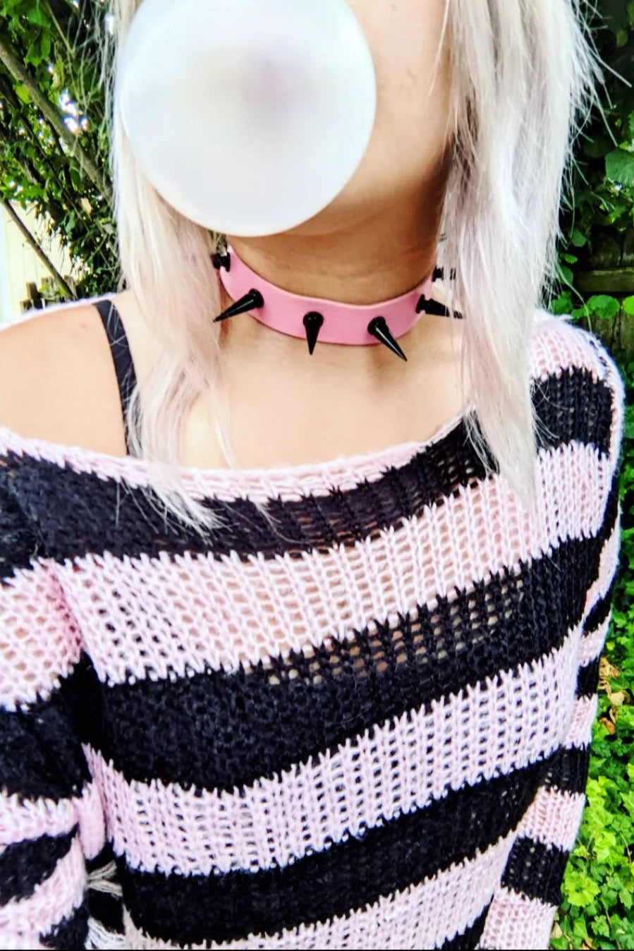 Pastel Pink/Black Striped Distressed Sweater