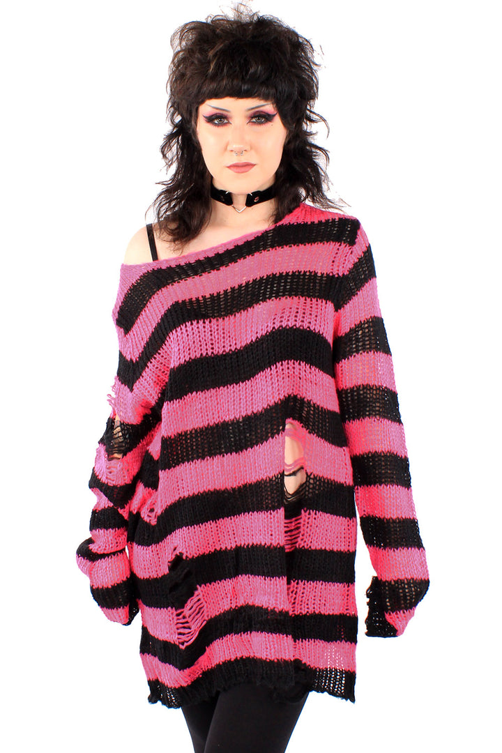 Hot Pink/Black Striped Distressed Sweater