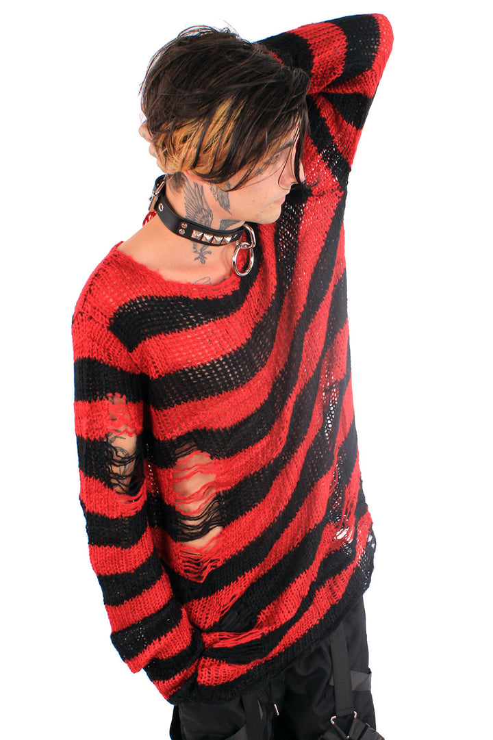 Red/Black Striped Distressed Sweater