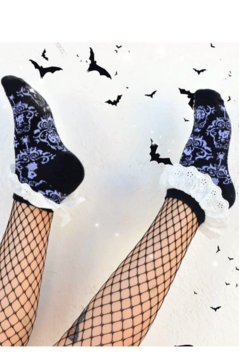 Victorian Gothic Damask Lace Trim Ankle Socks