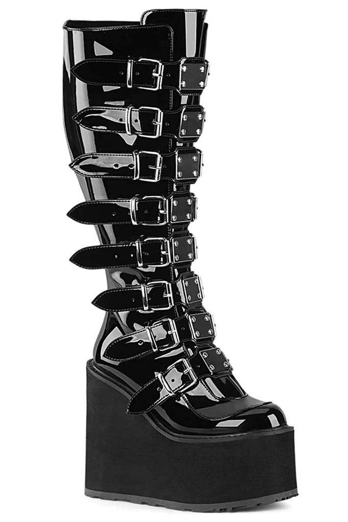 DEMONIA Slacker-160 Boots - Black Patent-Vegan Leather