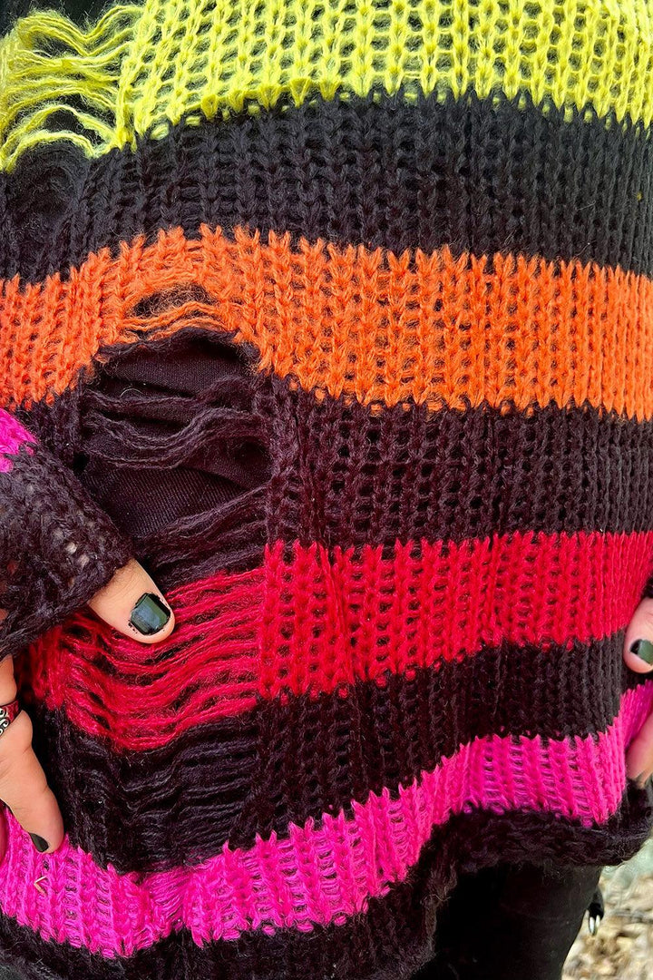 Catalyst Black Rainbow Striped Distressed Sweater - VampireFreaks