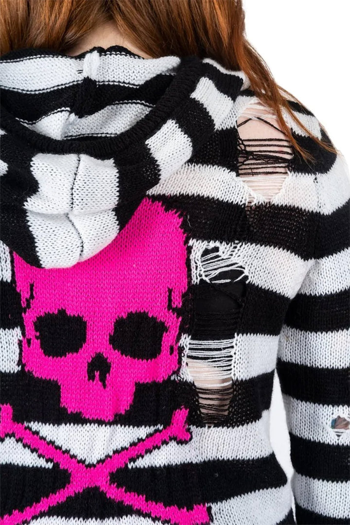 Pink Skull Striped Zip Up Cardigan Sweater